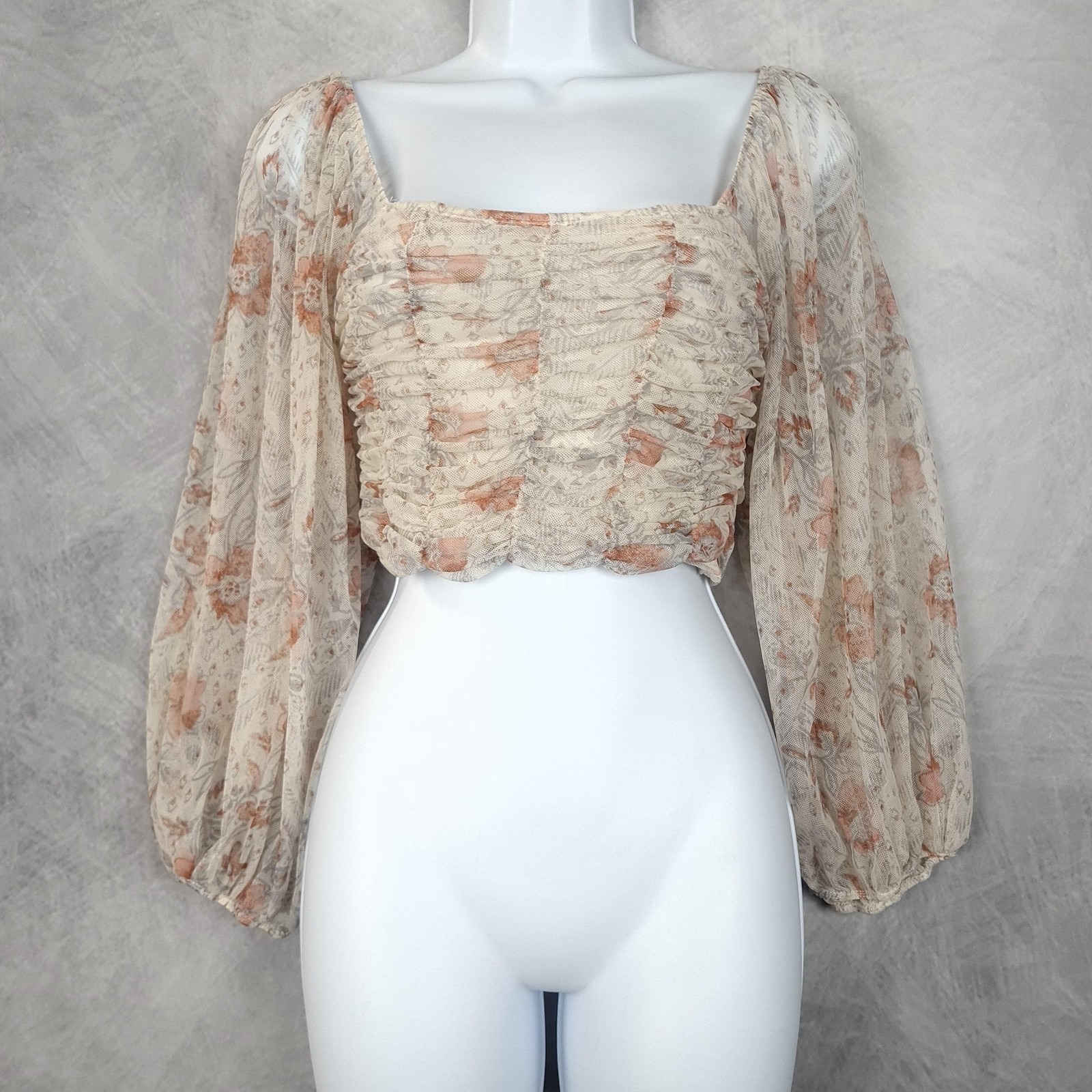 Free People Top Womens Small Cream Floral Mesh Ruched Romantic Fairy Milkmaid